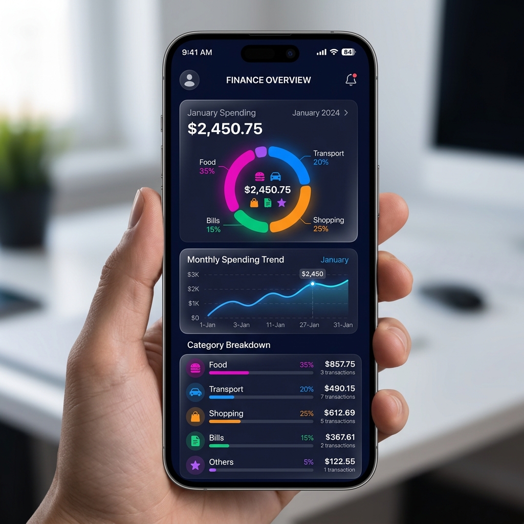 MyWallet analytics showing spending charts and category breakdown