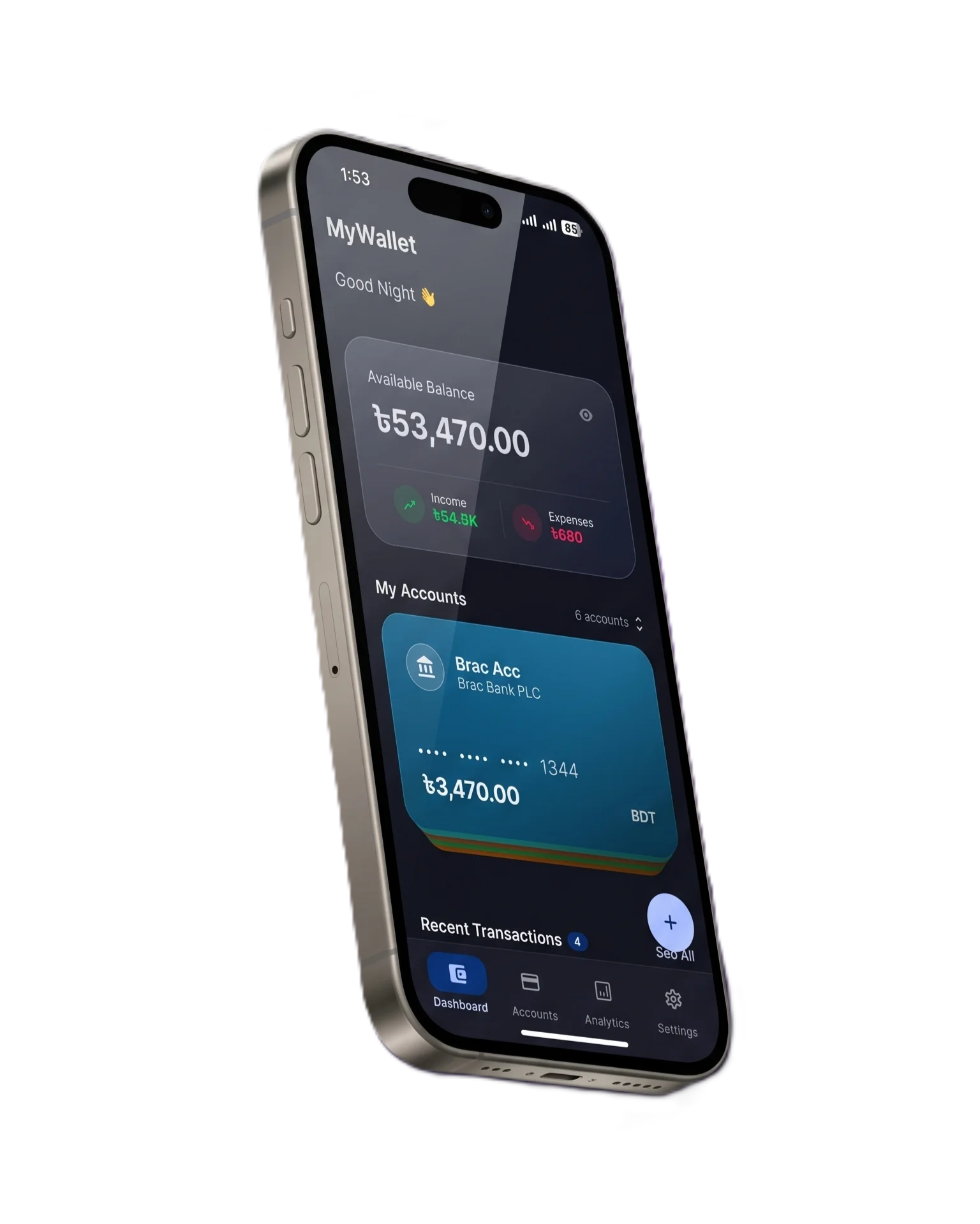 MyWallet app dashboard showing account cards and balance summary